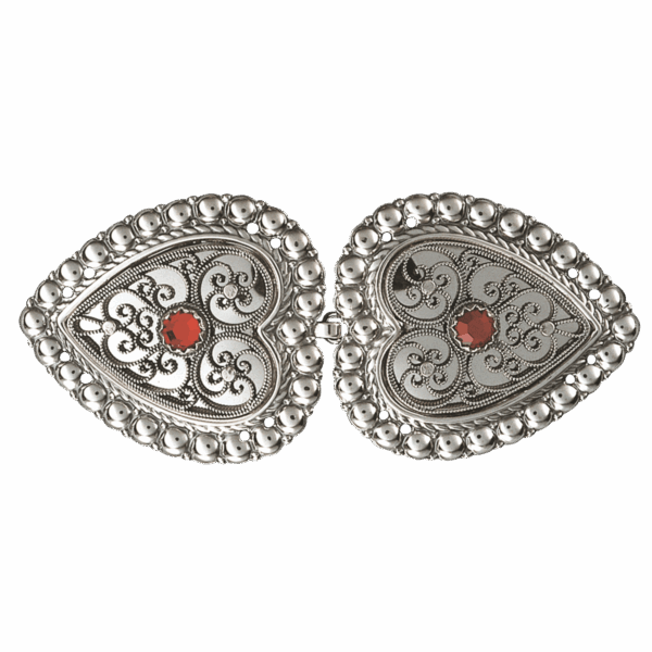 Beltespenne til skinnlist med raud stein, oksidert