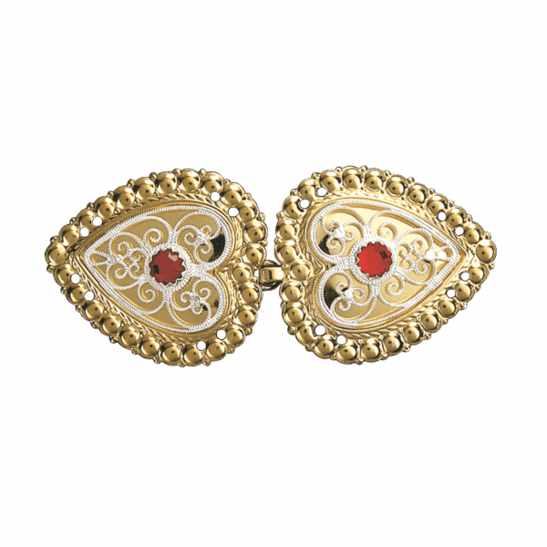 Capespenne med raud stein, forgylt/kvit