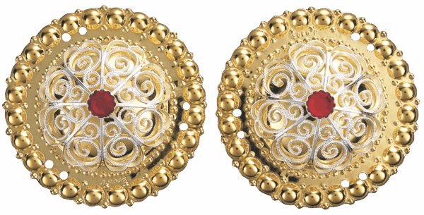 Borer 47 mm med raud stein, forgylt/kvit