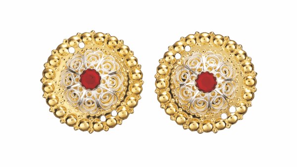 Borer 31 mm med raud stein, forgylt/kvit