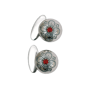 Mansjettknappar med raud stein, oksidert