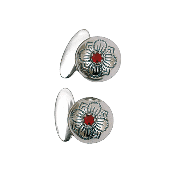 Mansjettknappar med raud stein, oksidert