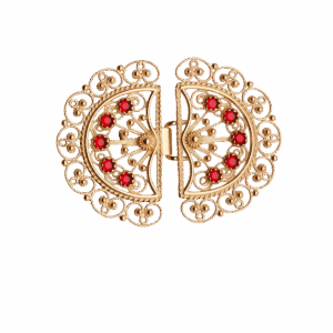 Beltespenne Fana filigran med raud stein, forgylt