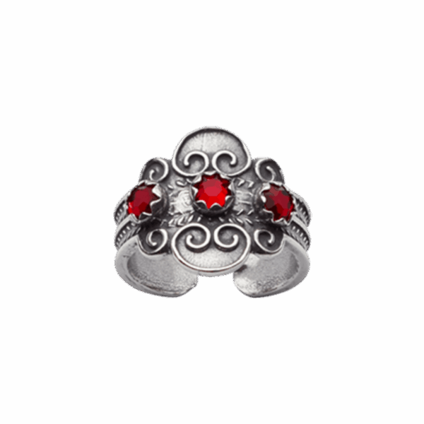 Bunadsring med raud stein, oksidert