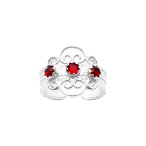 Bunadsring med raud stein, kvit
