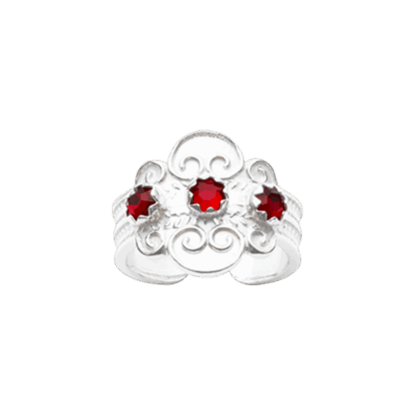Bunadsring med raud stein, kvit