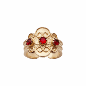 Bunadsring med raud stein, forgylt