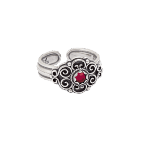 Bunadsring med raud stein, oksidert