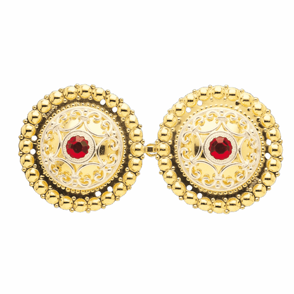 Beltespenne til skinnlist med raud stein, forgylt