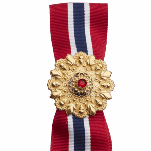 17.mai-sløyfepin 2i1 med raud stein, forgylt