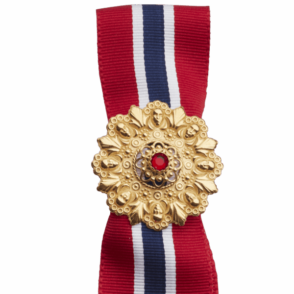 17.mai-sløyfepin 2i1 med raud stein, forgylt