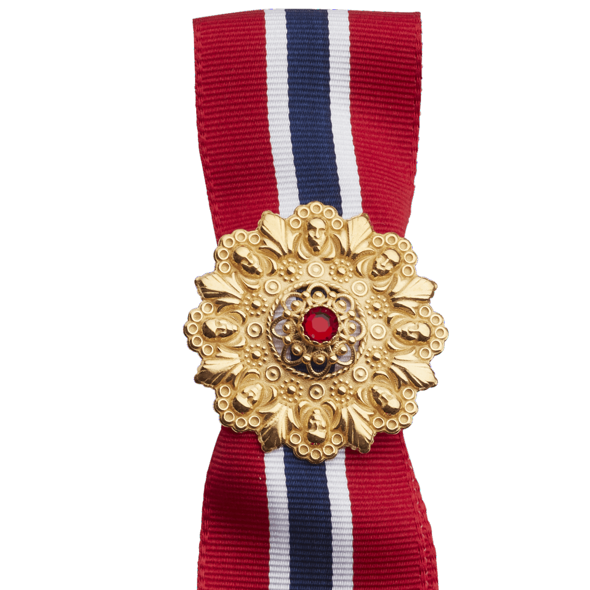 17.mai-sløyfepin 2i1 med raud stein, forgylt - Bilde 1