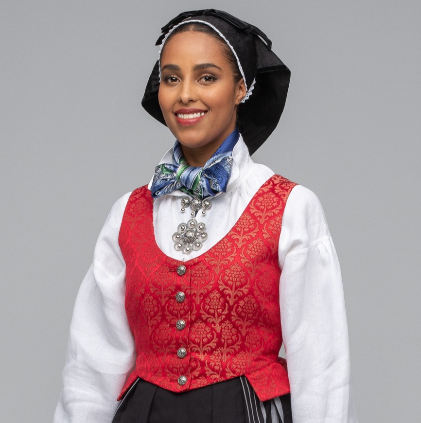 MATERIALPAKKE, RØD-GYLLEN VEST TIL TROMSBUNADEN FOR KVINNER - Bilde 1