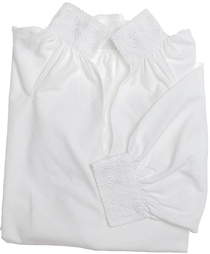 <p>Skjorta fås i lin eller bomull og har hvitsømsbroderier på linningene.</p>‘ /><img data-image-id=